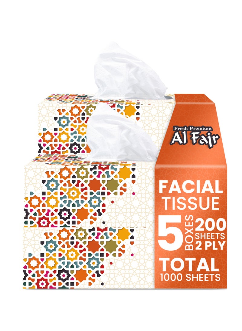 SNH Packing Al Fajr Facial Tissue Box Pack of 5, 200 Sheets x 2 Ply Each, Total 1000 Sheets - Image 1
